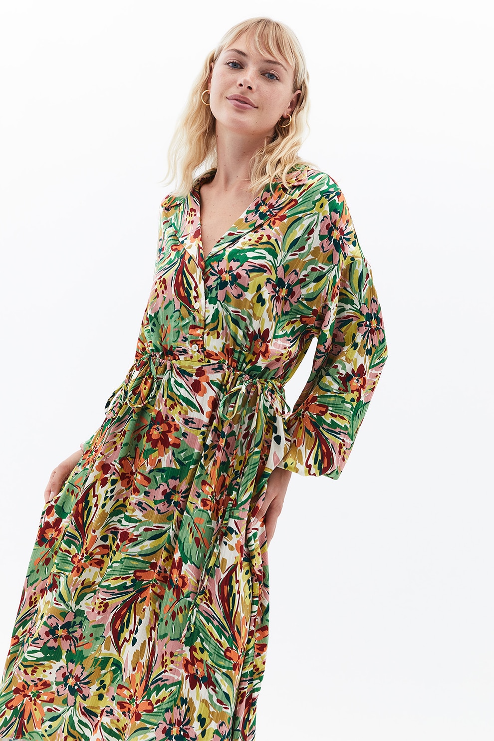 OXXO, Rochie cu croiala in A si imprimeu, Rosu inchis, Verde feriga, Bej deschis, XS