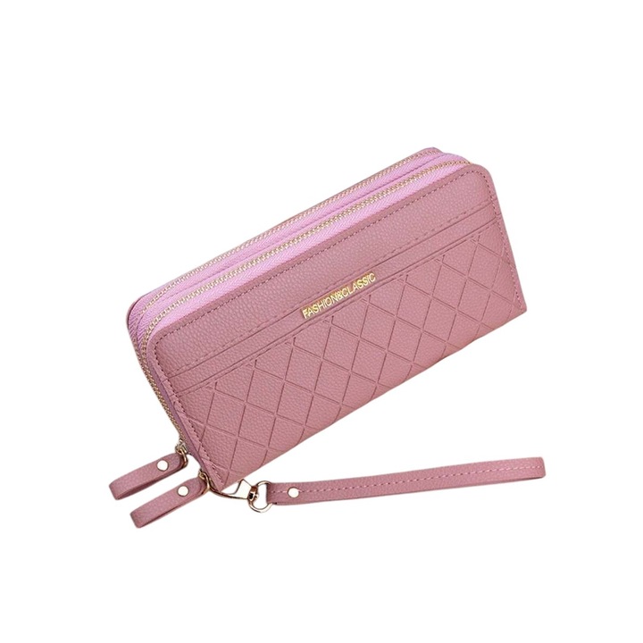 Hosszú, dupla női pénztárca, divatos és klasszikus, - Coral Pink