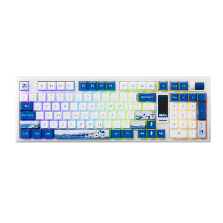 Механична клавиатура AKKO 5098B с LCD екран, оформление 1800, Hot-Swap, 2.4GHz, Bluetooth 5.0, USB-C, RGB осветление, суич Akko V3 Piano Pro, безжична, син/бял