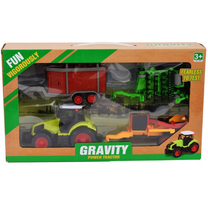 Set utilaje agricole, Tractor cu remorca, 4 elemente, 11X10X37cm, Verde/Rosu
