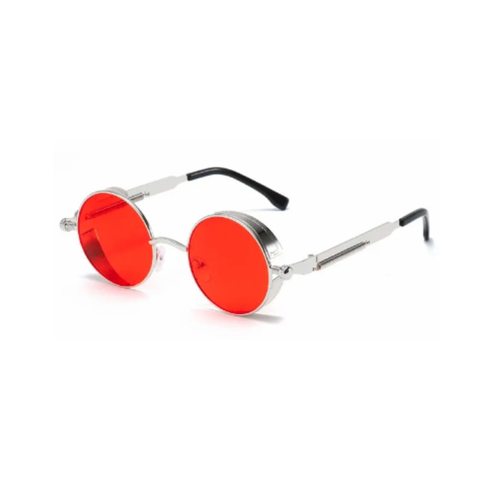 Ochelari de Soare Rotunzi Party Club Vintage Metal Steampunk Unisex Rosu-Argintiu, UV400, UnderShop