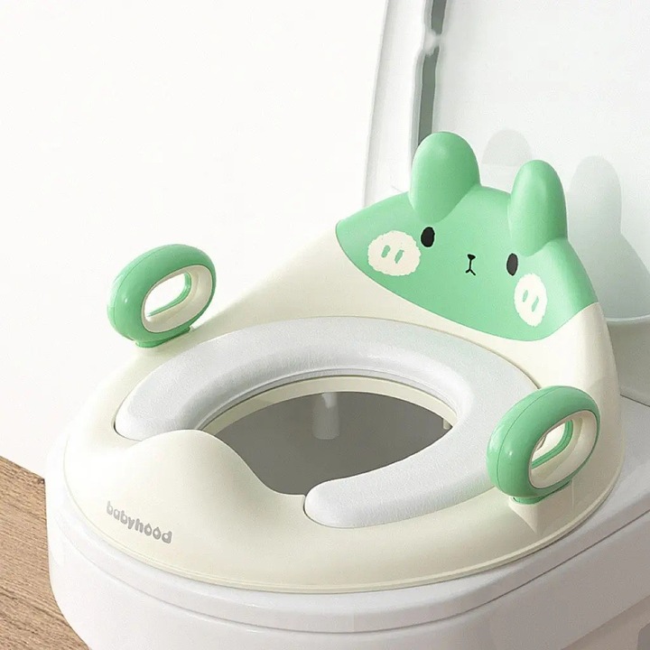 Capac de Toaleta cu Reductie, pentru Copii, cu Manere, Model Ursulet, Plastic Durabil, Alb/Verde