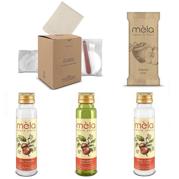 Set Cosmetice pentru Hotel cu Extract de Mar, compus din 25 x Sampon Hotelier 32 ml, 25 x Gel de Dus Hotelier 32 ml, 25 x Crema de Corp 32 ml, 25 x Sapun Hotelier 10 g, 25 x Trusa accesorii compusa din Casca de Dus, Vanity kit, Servetel pentru Pantofi