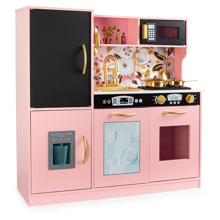 Bucatarie din lemn Memo Pink cu plita cu inductie, lampa LED, aparat de gheata si tabla cu creta, design roz pastel cu detalii aurii, 83,4x24x80,6 cm, MDF 0,9 cm, set educativ pentru copii 3+ Leomark