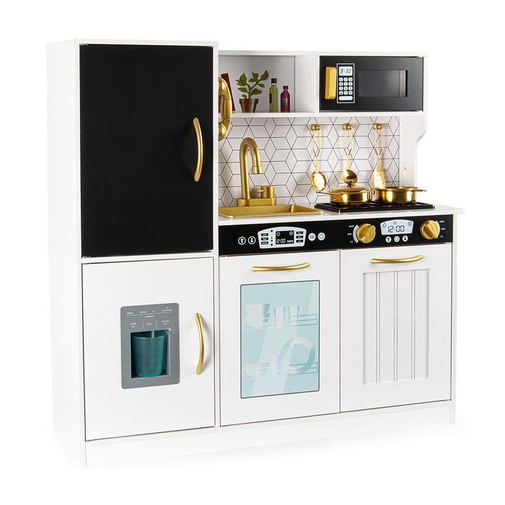 Bucatarie din lemn Memo White cu plita cu inductie, lampa LED, aparat de gheata si tabla cu creta, design roz pastel cu detalii aurii, 83,4x24x80,6 cm, MDF 0,9 cm, set educativ pentru copii 3+ Leomark