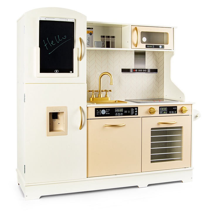 Bucatarie din lemn pentru copii cu tabla de desen magnetica NOTE, 107x 30x 97cm, Leomark