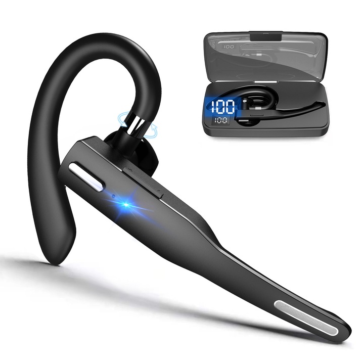 Слушалка, Bluetooth 5.1 хендсфри, шумопотискане, смарт цифров дисплей, HD звук, функция за изключване на звука, съвместими с Android и IOS, 180 часа в режим на готовност, батерия 60mAh, 1.5 часа зареждане, обхват 10 м, черни