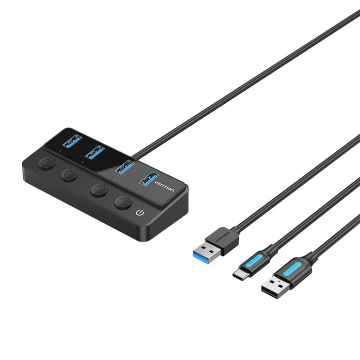 Vention HUB, 5 в 1, USB 3.0 x 4 порта, зареждане през USB Type-C, скорост 5 Gbps, 1 м кабел, връзка през USB 3.0, индивидуални превключватели, черен
