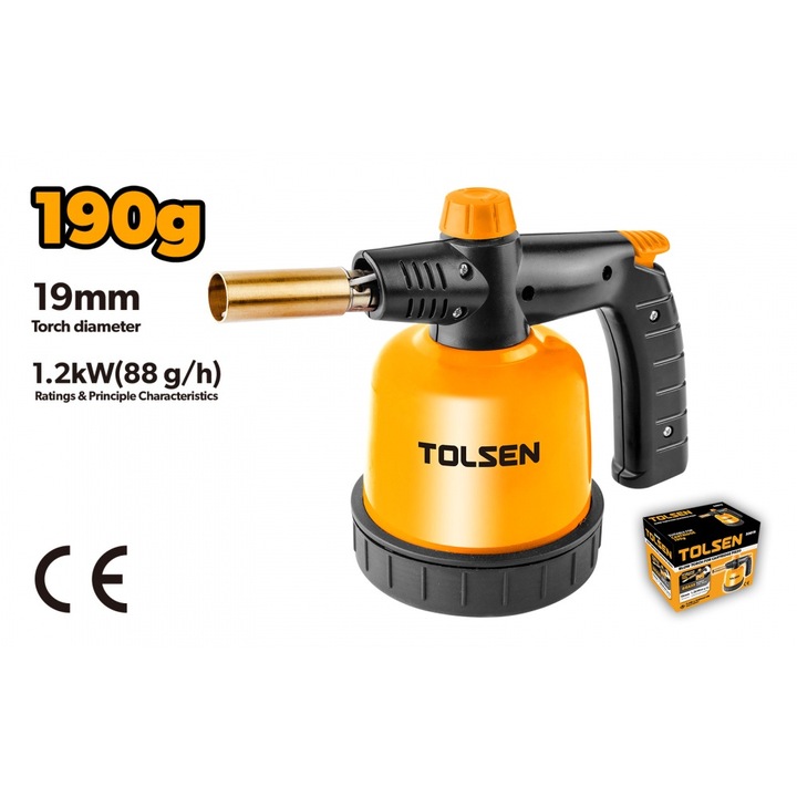 Lampa de lipit cu gaz TOLSEN, 1.2 kW, aprindere piezo, compatibila cartus 190g, arzator alama Ø19 mm, maner ergonomic, aprobare CE, corp metalic rezistent
