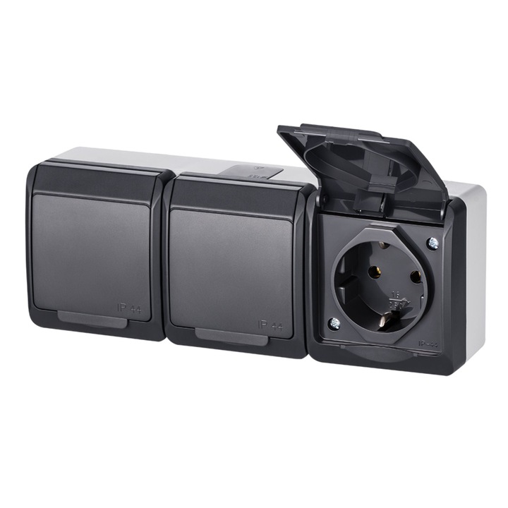 Priza schuko tripla Hermes, cu clapeta, montaj aplicat, exterior, IP44, gri