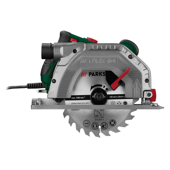 Fierastrau circular portabil Parkside, PHKS 1350 E4, motor puternic 1350 W, panza Ø 190 mm, cu pornire soft