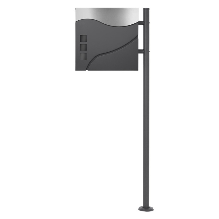 Cutie postala cu suport ECD Germany, antracit, otel, 37x36.5x10.5 cm, design modern, compartiment pentru ziare, 2 chei