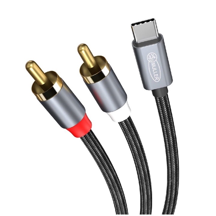 Muller®️ Professzionális C típusú audiokábel - RCA, 24K aranyozott, DAC ADC 24bit 96Khz, Hi-Res Hi-Fi, 1,2 méter, ezüst/fekete