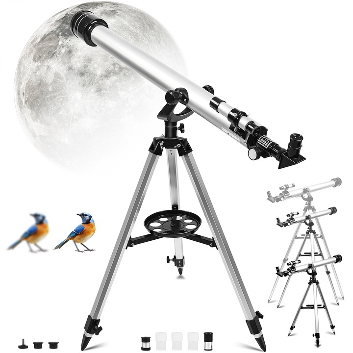 Csillagászati távcső tartozékokkal, Piduules, 60mm nagy nyílás, nagyfelbontású képek, stabil test, 675x, 900mm, 1.2m állvány, fehér