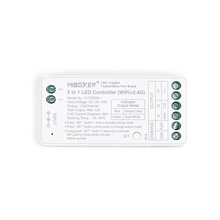 Controler Mi-Light FUT035W+ 2.4 GHz 2in1 de zona pentru benzi LED monocolore si CCT