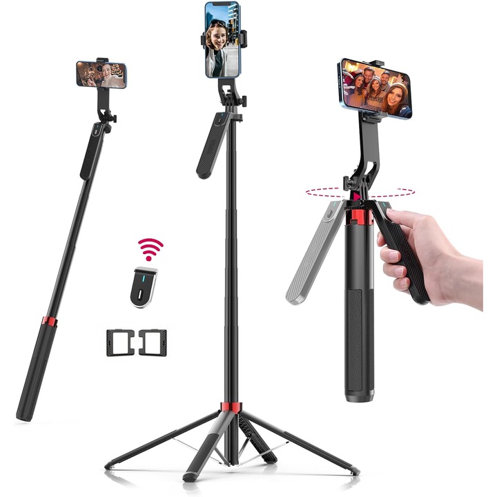 Селфи стик от алуминиева сплав за мобилен телефон и фотоапарат, преносима стойка за статив за пътуване, акумулаторно дистанционно управление, завъртане на 360°, стойка за телефони с ширина 6 см-9 см, намаляване на дължината 29,5 см-180 см, матово черно