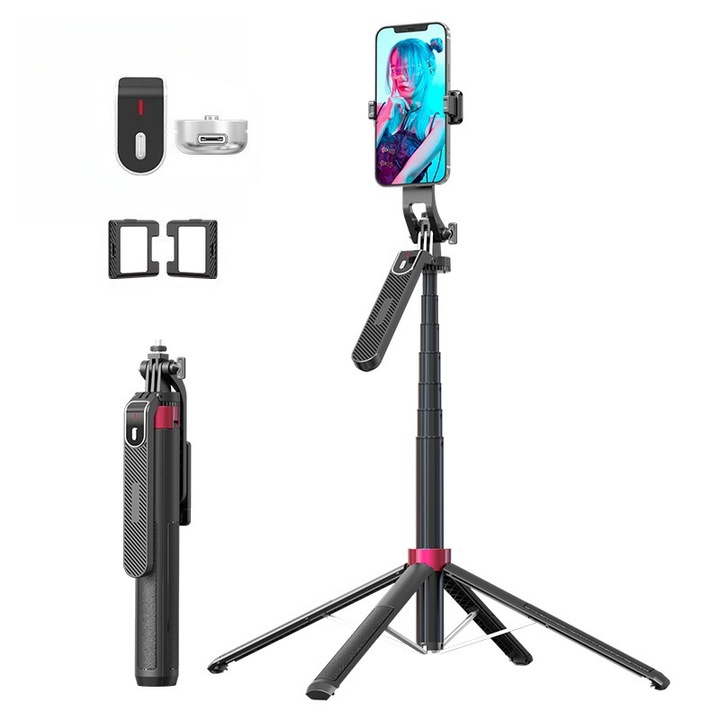 Alumíniumötvözet szelfikar mobiltelefonhoz és fényképezőgéphez, hordozható utazó állvány, újratölthető távirányító, 360°-os elforgatás, telefonállvány szélessége 6 cm-9 cm, hosszcsökkentés 29,5-180 cm, matt fekete