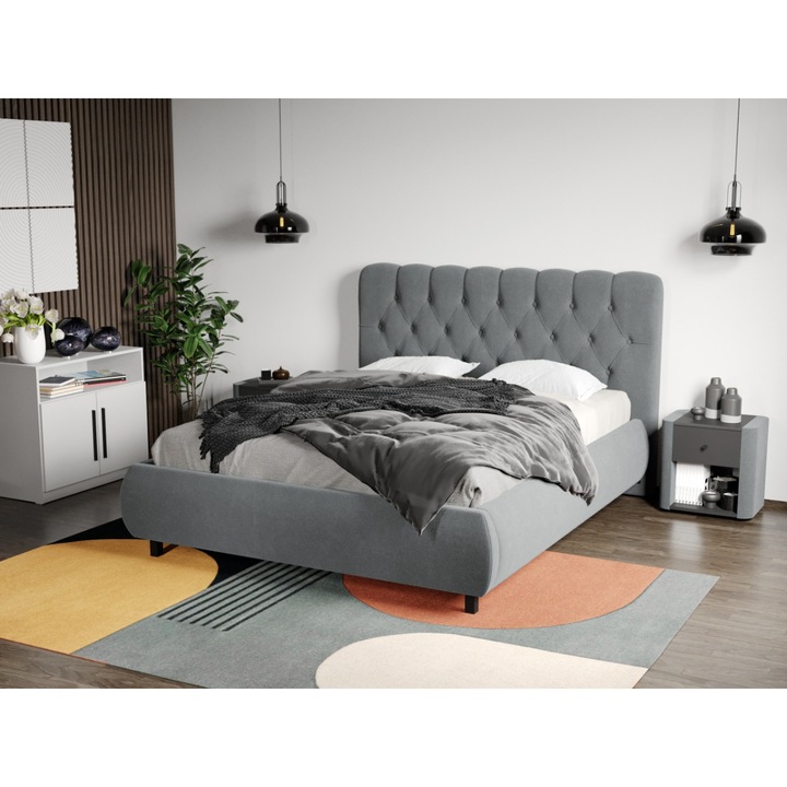 Pat Tapitat Catifea, Mega cu somiera fixa, 160×200, Gri - Riviera 91