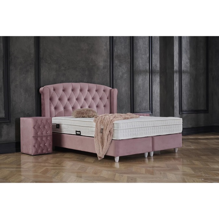 Pat tapitat Expomob ROSE, dimensiune 160x200 cm, cu saltea, somiera rabatabila si spatiu depozitare, culoare stofa roz