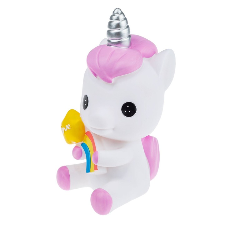 Pusculita unicorn, plastic, 11x12x22cm, lila cu corn argintiu