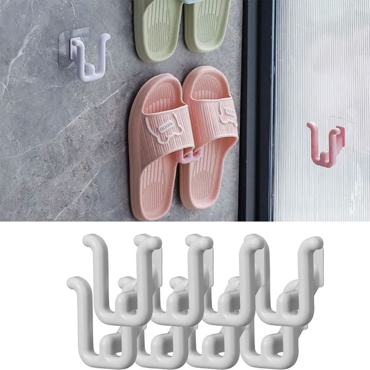 Set de 8 carlige adezive, carlige de perete neperforate, potrivite pentru papuci de baie, alb