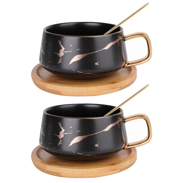 Комплект от 2 керамични чаши за кафе, SINBINTA, термоизолация и защита от изгаряне, с лъжичка от неръждаема стомана и бамбукова чинийка, за лате, капучино, американо, 9.6*5.8 см, черни