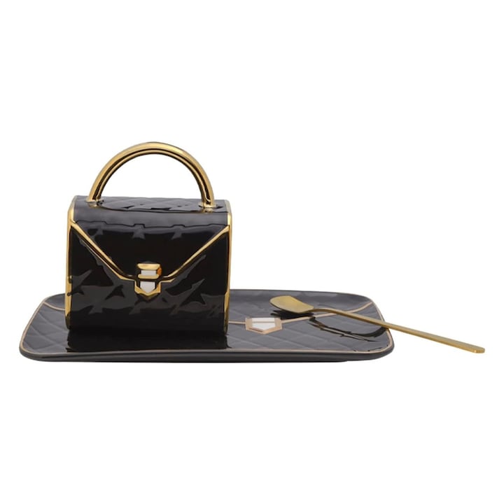 Чаша за кафе с форма на чанта с чинийка и лъжичка, SINBINTA, Керамична чаша, Термоизолация и защита от изгаряне, Неплъзгаща се, Лесна за почистване, За чай, кафе, еспресо или лате и др., 310 мл, 9,5*7,5 см, Черна