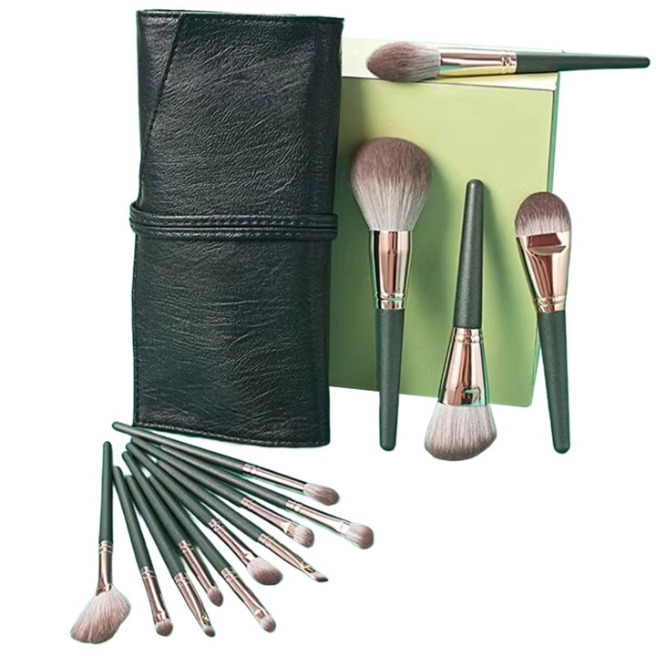 Set de 14 perii de machiaj, machiaj profesional/non profesional, super moale, cu gentuta depozitare, verde