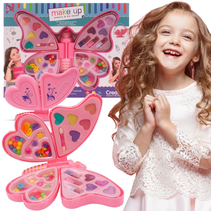 Комплект за изработка, Слънчево бебе, Направи си пеперуда, За правене на гривни, Бижута, Грим, Мъниста за грим, Стикери, Червила, 2 в 1, Развива креативността, сръчността, двигателните функции, мисленето, Пластмаса, Възраст 3 години, Многоцветен