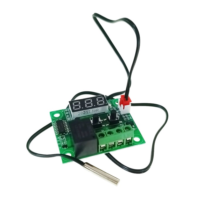 Regulator de temperatura W1209, cu senzor, 7 parametri, interval de la -30°C pana la 110°C, afisaj LED, pentru aplicatii de incalzire si racire 48 mm