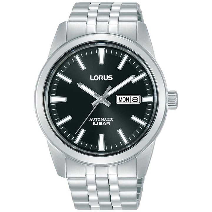 Часовник Lorus Classic, автоматичен, 42 мм, сребрист, черен, 10 ATM, Черен, Сребрист