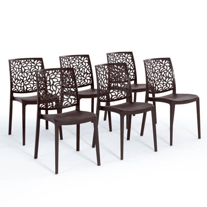 Set de 6 Scaune ANNA - Polipropilena cu Fibra de Sticla, Monobloc si Stivuibile, Design Inspirat din Natura, Moka