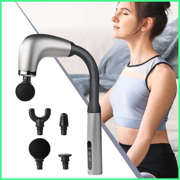 Pistol de masaj cu maner extins, 4 capete de masaj, 9 viteze, Aparat Pentru Masaj Premium, Tip Pistol Masaj Deep Tissue Pentru Umeri, gri