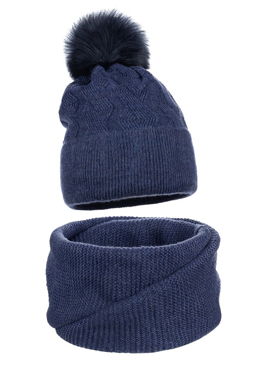 Set complet dama, Majka, caciula cu pompon, fular, jeans