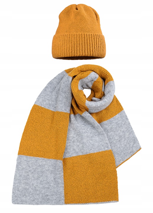 Комплект шапка с помпон и дълъг шал 200 см, Майка, миди + сиво, 81% акрил, 19% полиамид