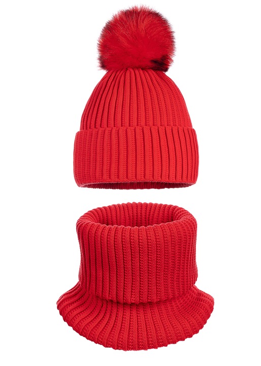 Пълен дамски комплект, майка, шапка с помпон и яка, червена, 1x шапка, 1x яка