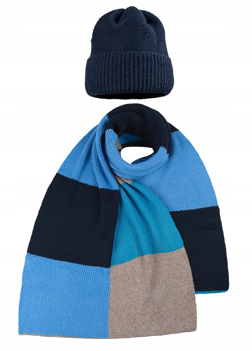 Set caciula si sal dama, Majka, granat + turcoaz + bej + albastru, 200x60cm