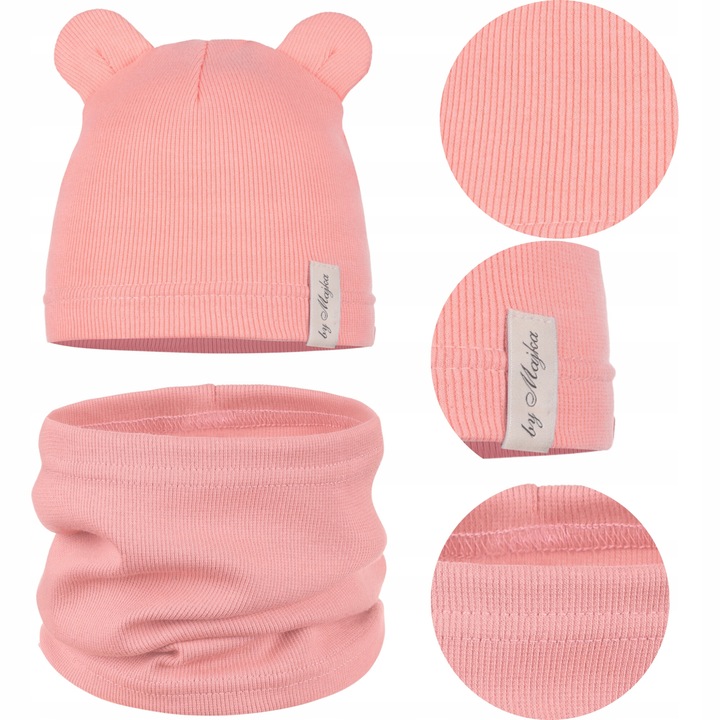 Детска шапка + шапка комин, Майка, розова, 42-46 см, с ушички