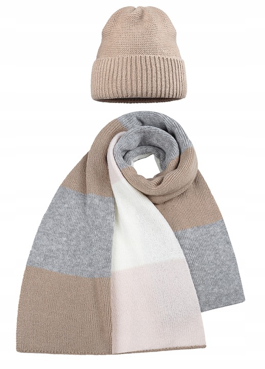 Дамски комплект шапка и шал, Майка, светло розово + кафяво + меланж + екрю, 200х60см