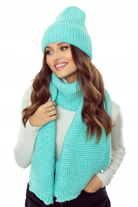 Дамски комплект шапка и шал, Майка, мента, 75% акрил, 15% найлон, 10% вълна