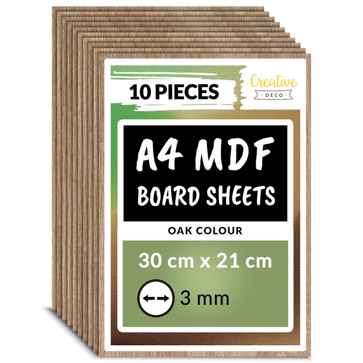 Panouri MDF, 10 bucati, Creative Deco, format A4, 300 x 210 x 3 mm, culoare lemn de stejar, ideale pentru taiere laser, CNC Router, modelare, traforare