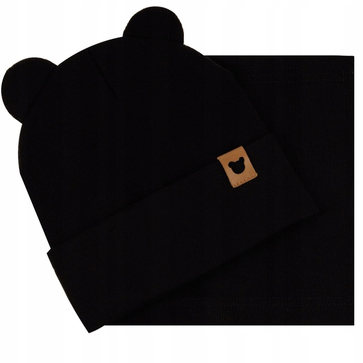 Детска шапка и шал Majka, черни с мечешки ушички, 44-48 см, Черен