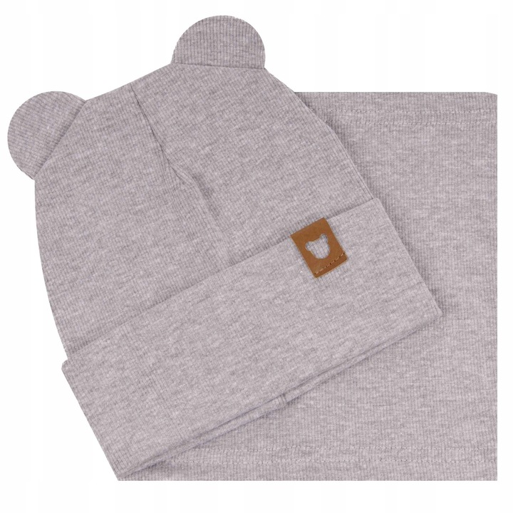 Caciula si fular pentru copii, Majka, 44-48, gri melanj, cu urechi de urs