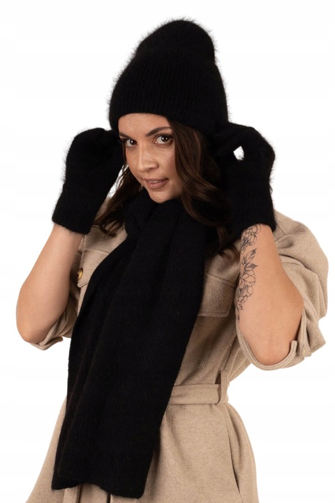 Set Caciula cu fular si manusi, Majka, Angora / Poliamida, Negru