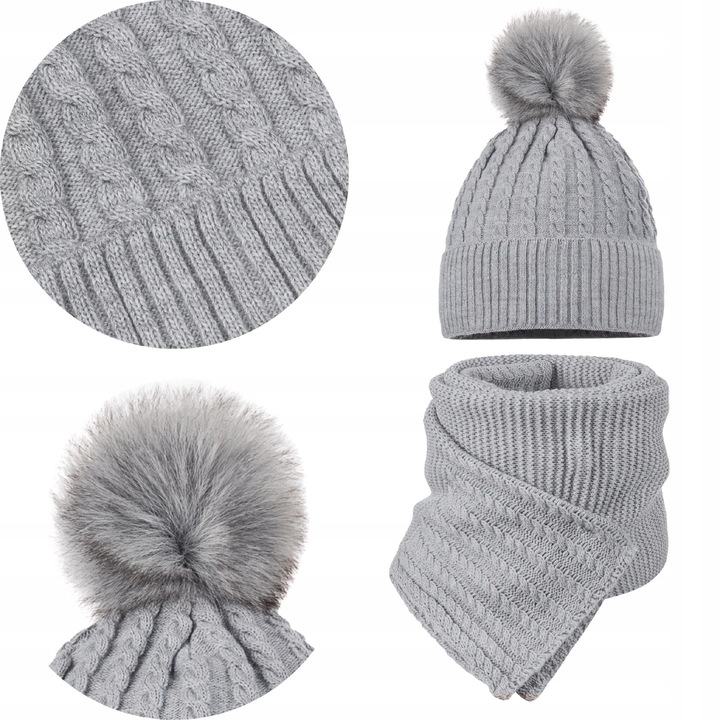 Caciula beanie cu pompon si fular, Majka, gri, dimensiuni 2x21cm x 22,5cm, 180cm x 35cm, set