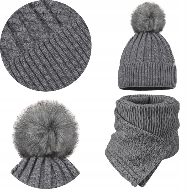 Caciula beanie cu pompon si fular, Majka, gri inchis, dimensiuni 2x21cm x 22,5cm, fular 180cm x 35cm, set