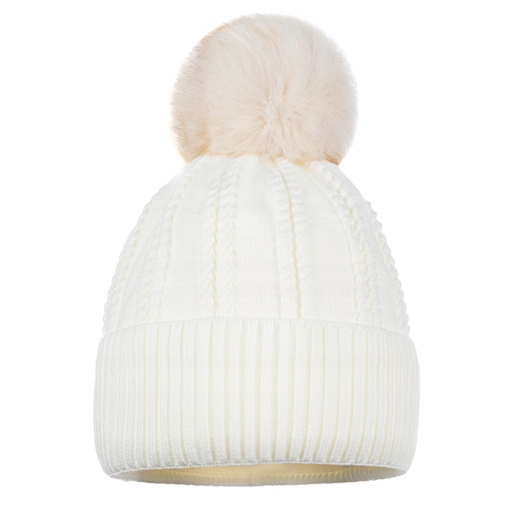 Női sapka, Majka, ekrü, 100% akril, pomponnal, télire