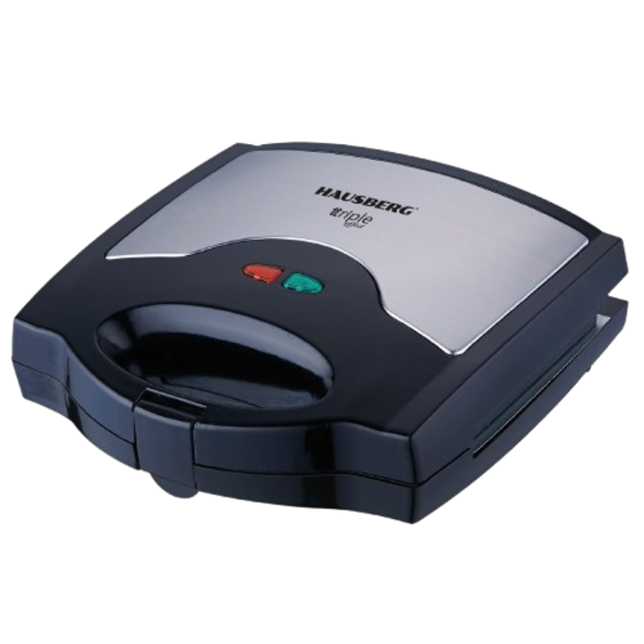 Sandwich maker 3 in 1 HAUSBERG HB-3514IN, 700-800 W, 3 placi detasabile anti-aderente, Termostat, Negru/Inox