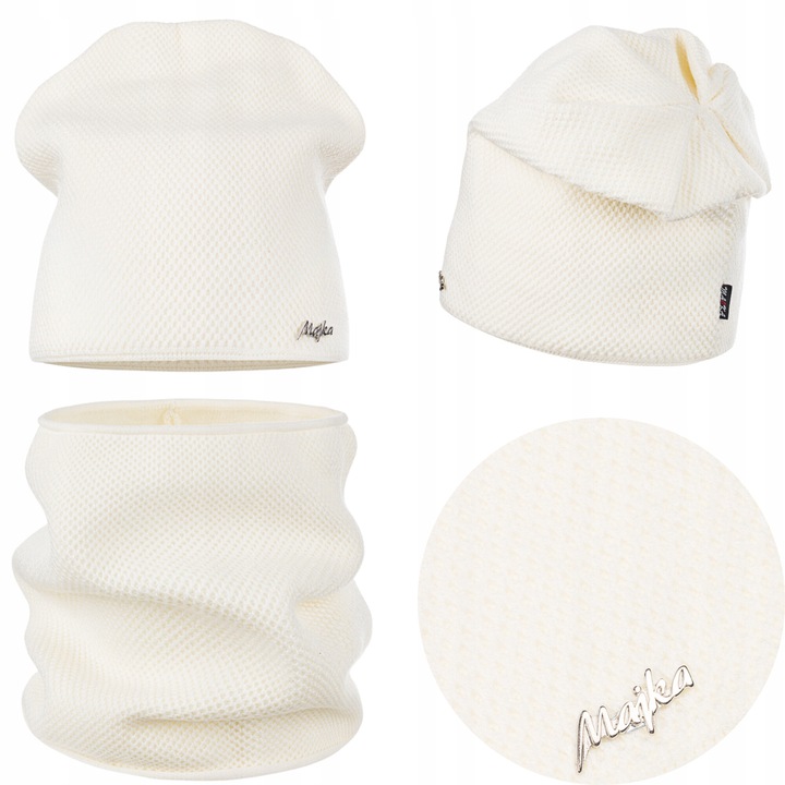 Caciula beanie si komin dama, Majka, ecru, dimensiuni 2x24cmx22cm, 2x27cmx27cm, set