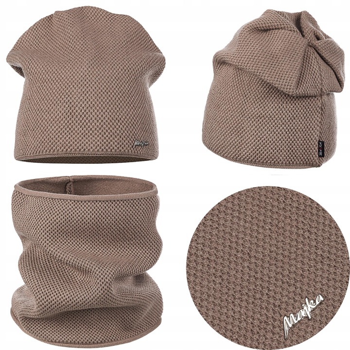 Caciula beanie si komin pentru femei, Majka, cappuccino, dimensiuni universale, set